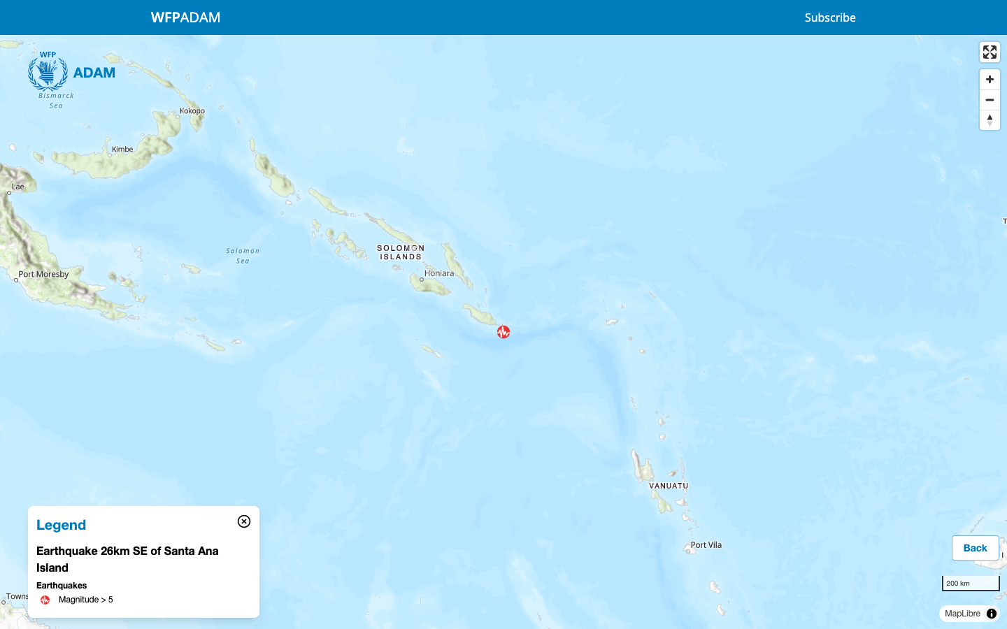Event view of an earthquake: the map zoomed to the epicentre, event title in the legend, Back button
