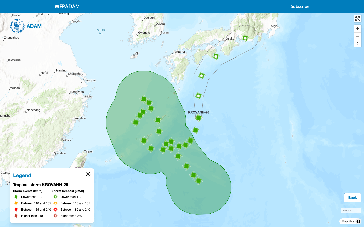 Event view of a tropical storm: observed positions inside the wind zone polygon, forecast positions with the uncertainty cone, event title in the legend, Back button