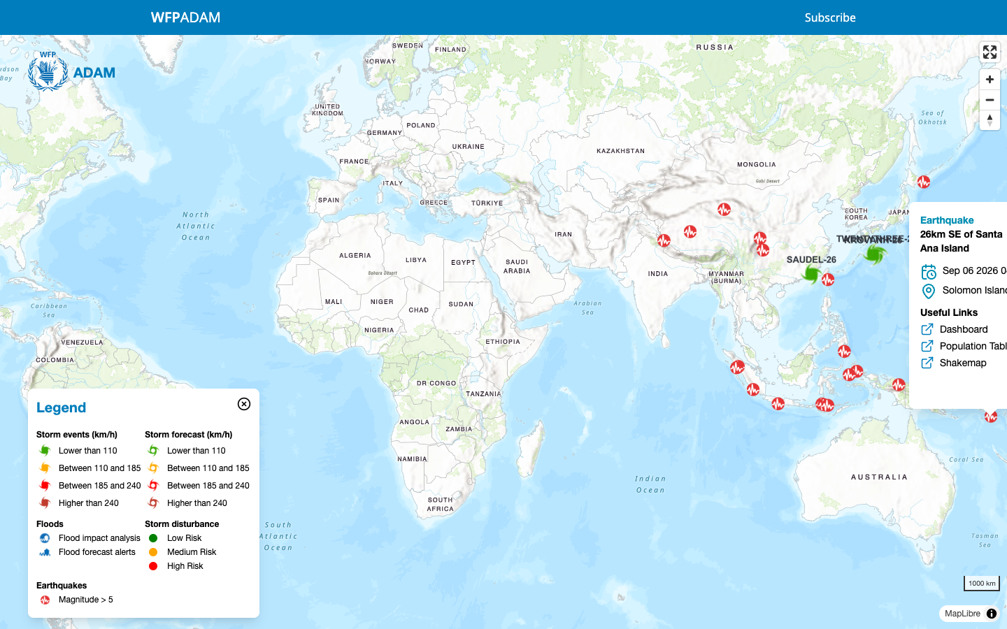 Earthquake popup: place, magnitude badge, date, country and a Dashboard link