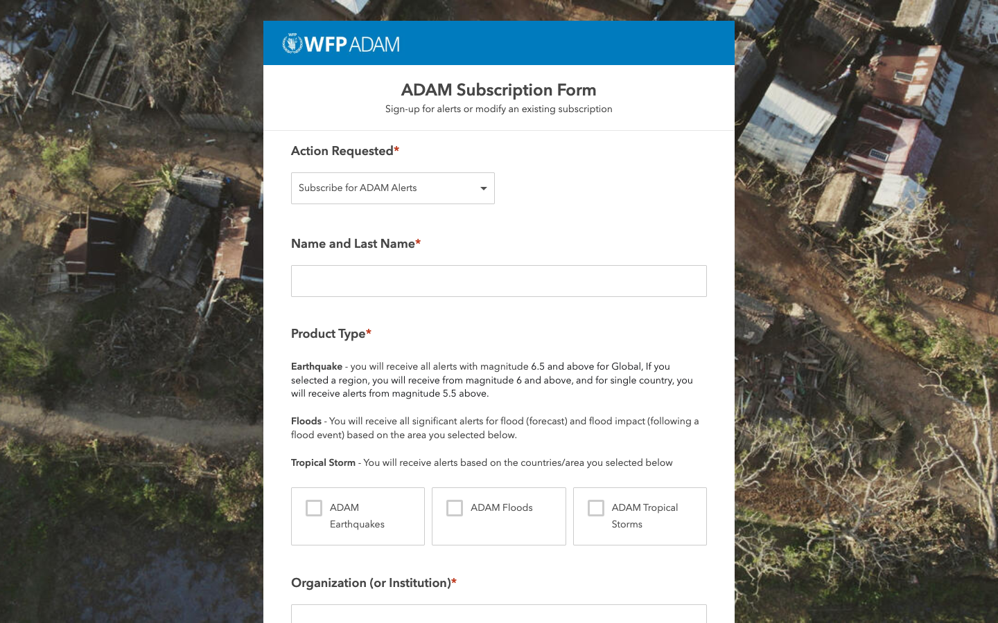 The ADAM Subscription Form: action requested, name, product type, organisation, email, duty station, functional area and areas of interest