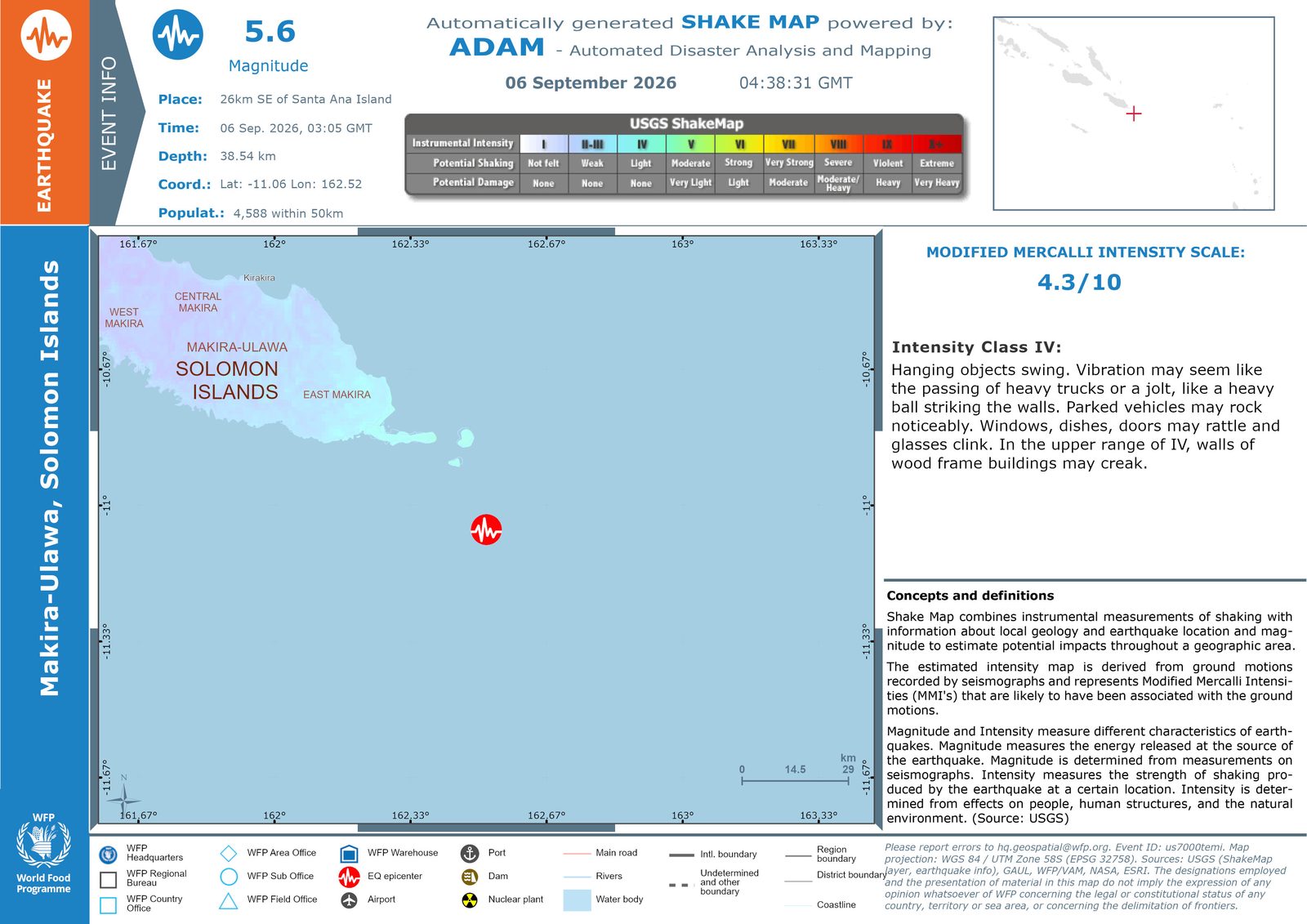 Earthquake dashboard: event info panel, USGS ShakeMap legend, intensity map with epicentre, Modified Mercalli Intensity value and description, WFP presence legend