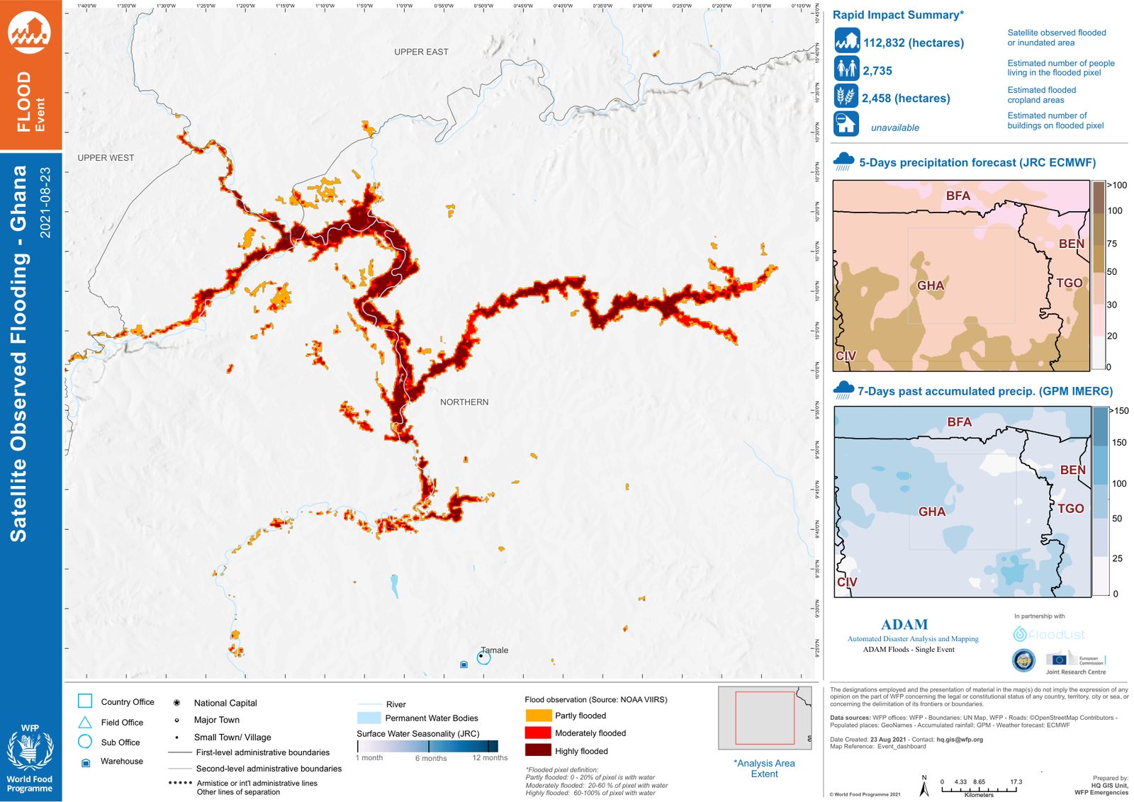 Flood event report page 1: satellite-observed flooded area with partly, moderately and highly flooded classes, rapid impact summary, precipitation forecast and past rainfall panels