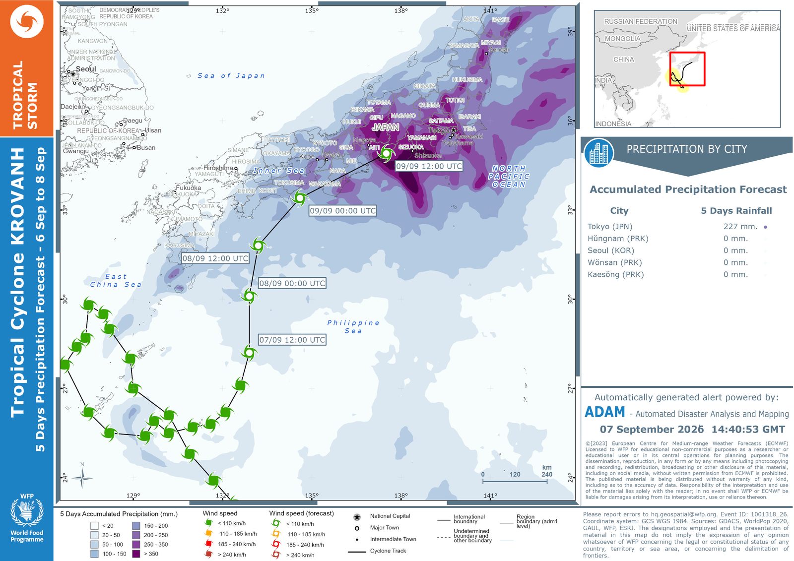 Tropical storm rainfall map: 5-day accumulated precipitation forecast along the track and a table of precipitation by city