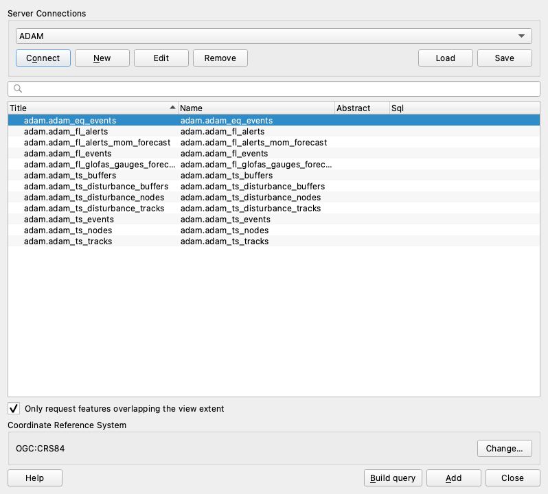 Data Source Manager connected to ADAM, showing the twelve collections and the view-extent option
