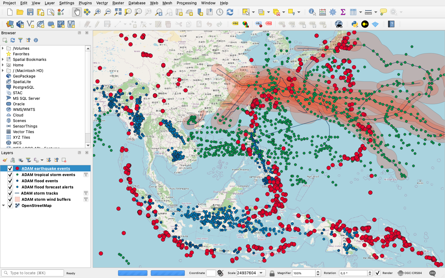 QGIS with the ADAM earthquake, storm and flood layers loaded over the Indian Ocean and the western Pacific