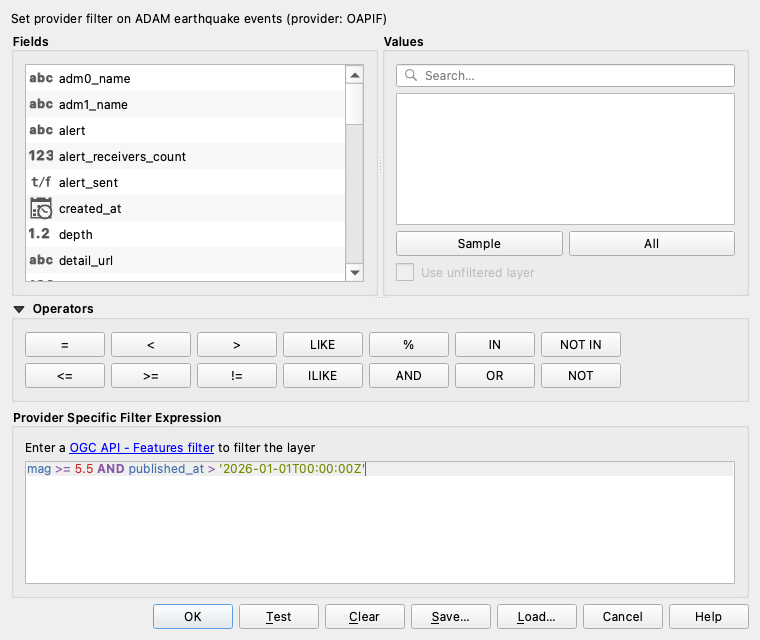 Query Builder on the earthquake layer with a magnitude and date filter