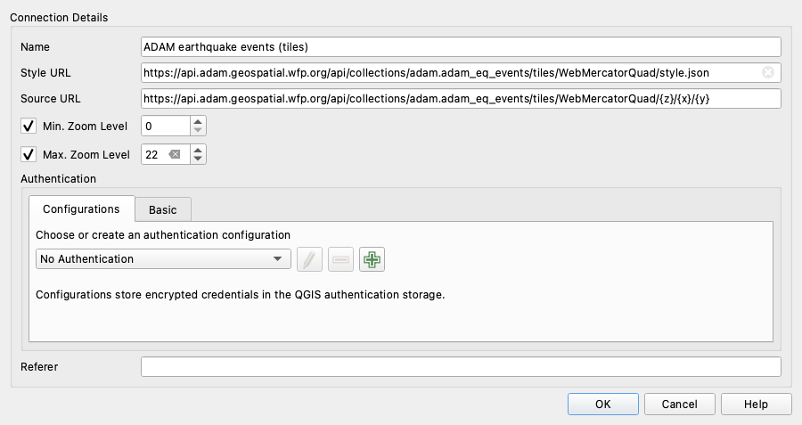 Vector Tiles Connection dialog filled in with the ADAM earthquake tile and style URLs